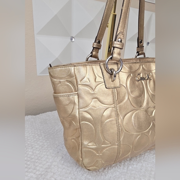 Coach Gold Embossed Signature Leather Tote Bag | Metallic Shoulder Bag - Picture 5 of 10
